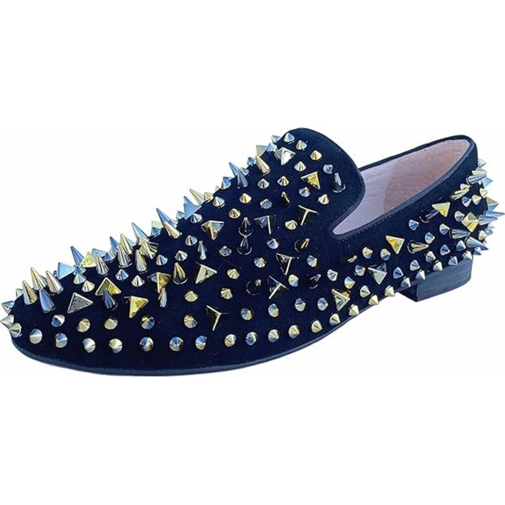 Justar Mens 11 Black Suede Leather Gold Spikes Studdted Loafer Slide On Shoes